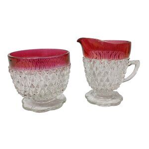 Vintage Indiana Glass Cream And Sugar Set Diamond Point Clear Ruby Red Border